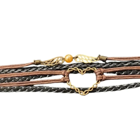 Wings Heart Charm Faux Leather Multi-layered Bracelet - Picture 1 of 3